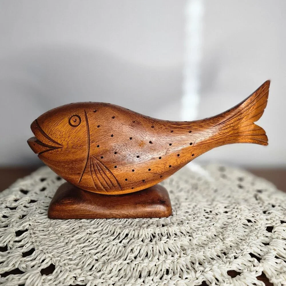 Vintage Mode Century Modern Monkey Pod Fish‎ Sculpture Hawaii 1962